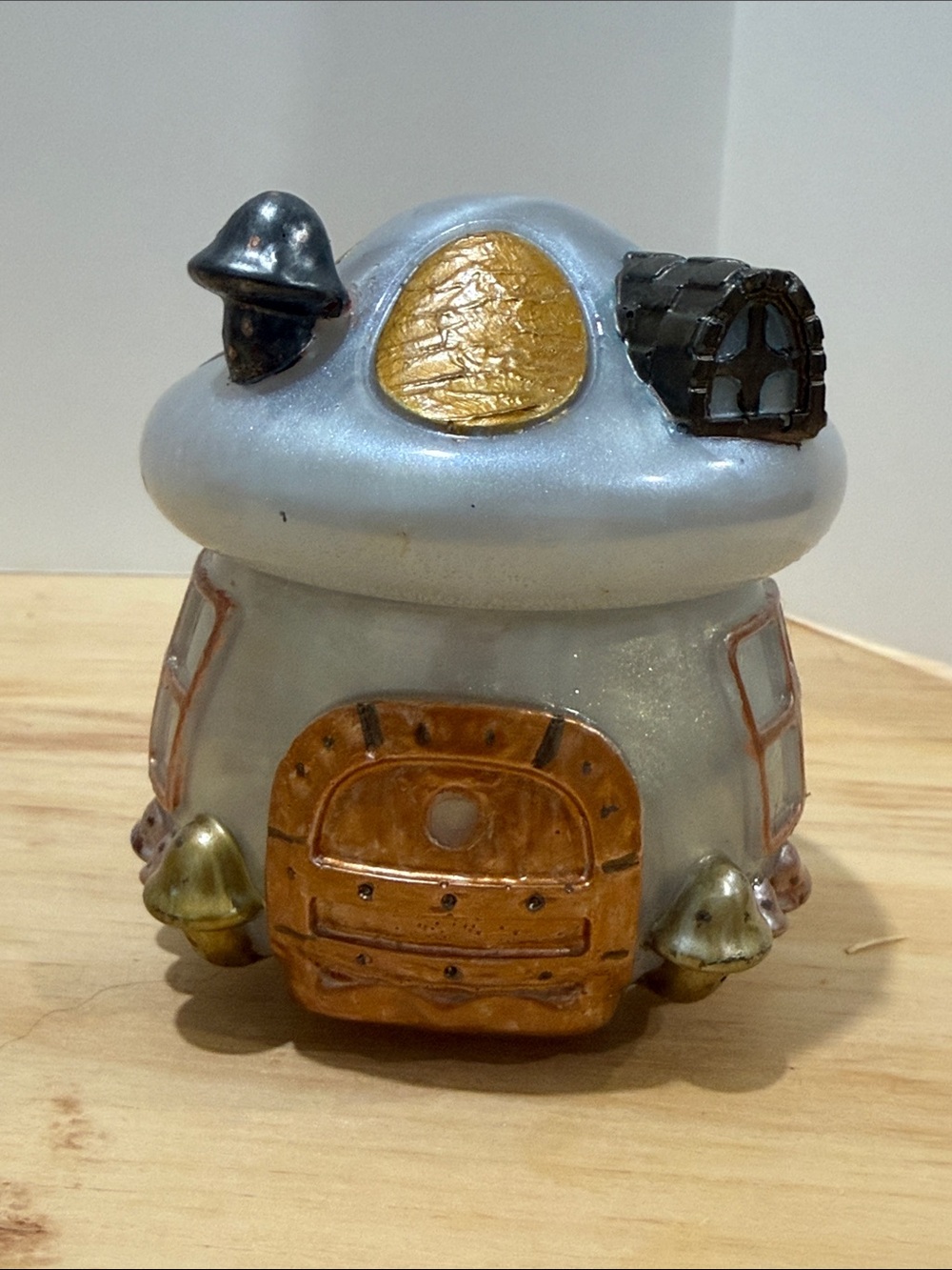 Gray and Gold Ceramic Mushroom House Decorative Accent